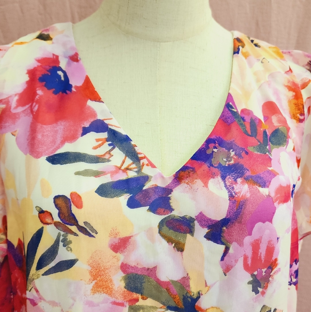 R&K V-Neck Flutter Sleeve Chiffon Shift Floral Dress-(12) NEW - Picture 2 of 8